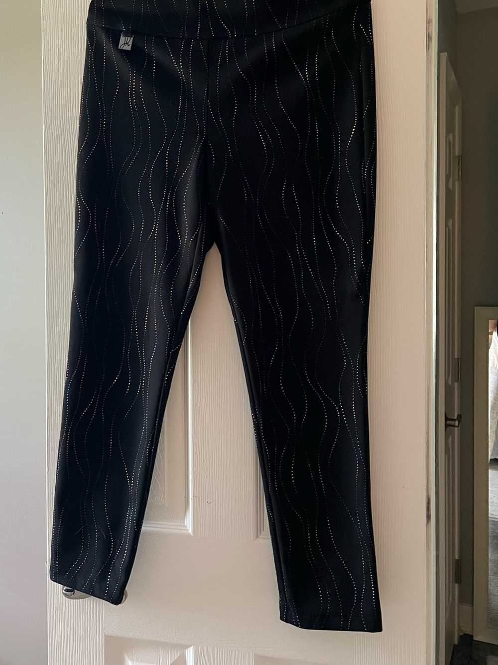 Joseph Ribkoff Black Straight-Leg Pants with Multicolor Wave Dots.